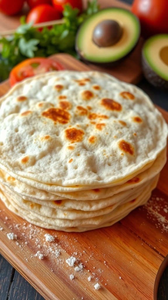 A stack of warm homemade tortillas on a wooden board with fresh ingredients in the background.